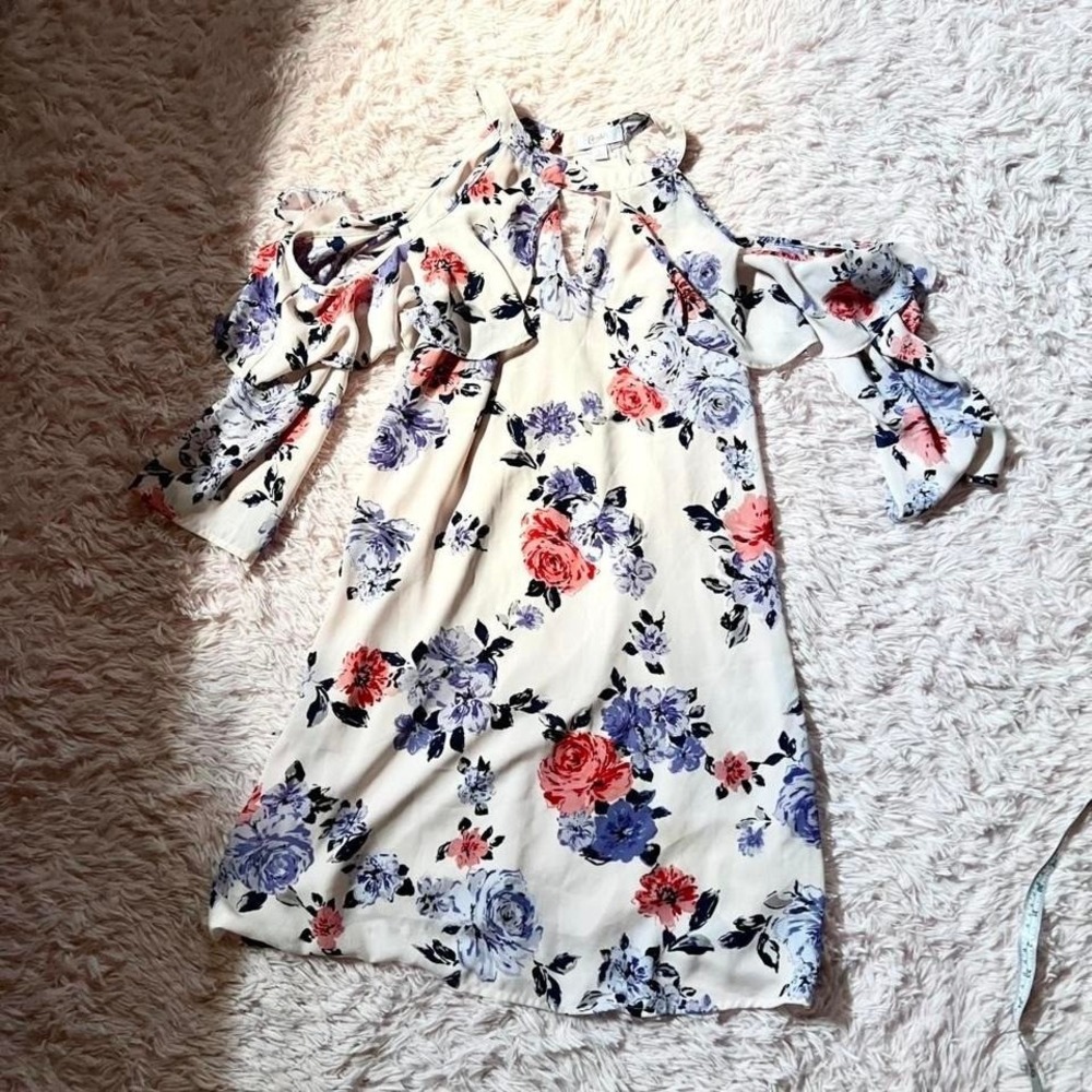 Americans Floral Ruffle Sleeve Whimsical High Neck‎ Mini Dress Womens L Barbeque